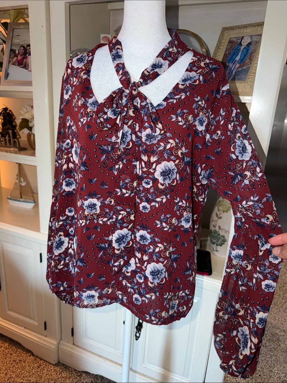 Wayf Burgundy Floral Tie-Neck Blouse